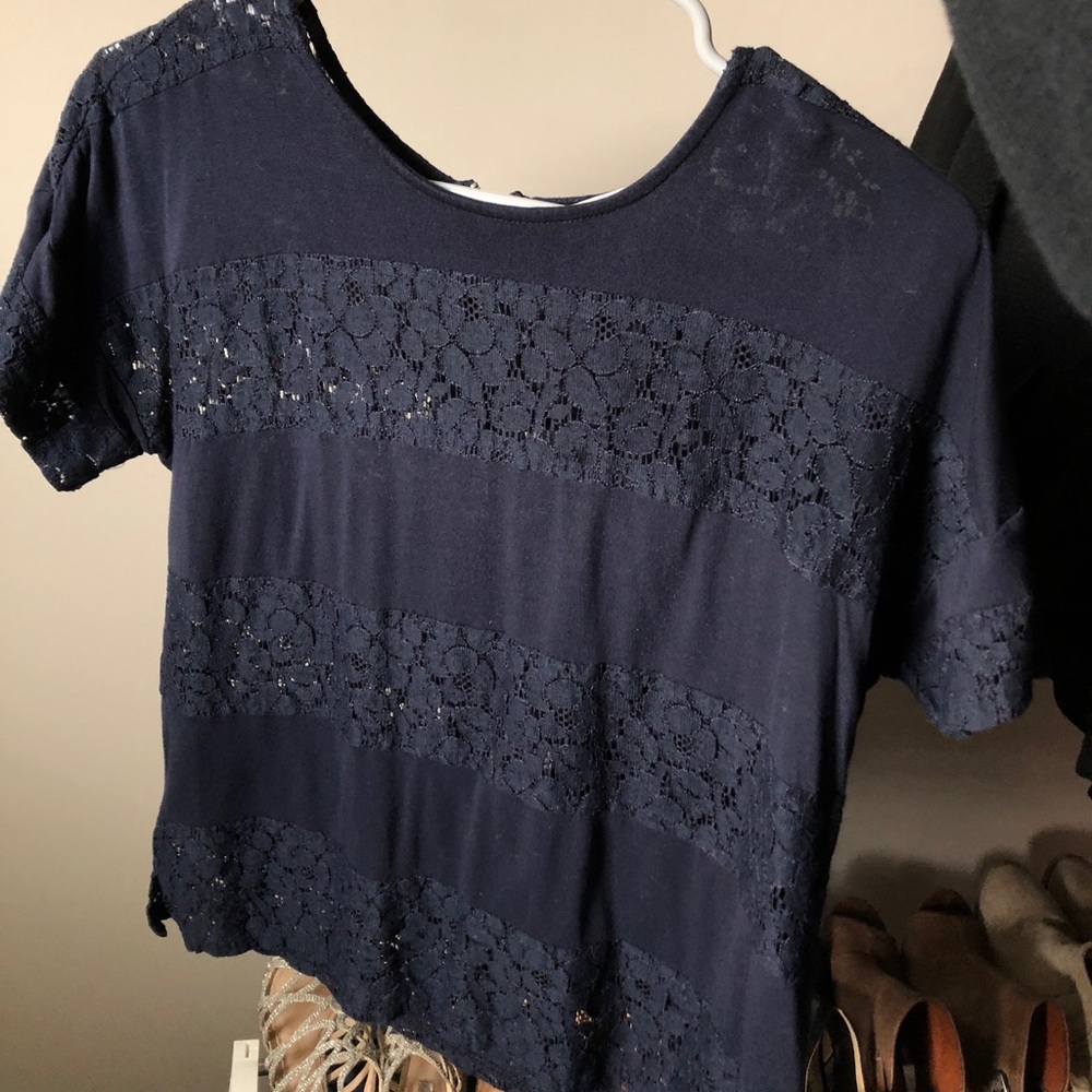 Navy Blue Short-Sleeved Shirt w/ Flower cutouts